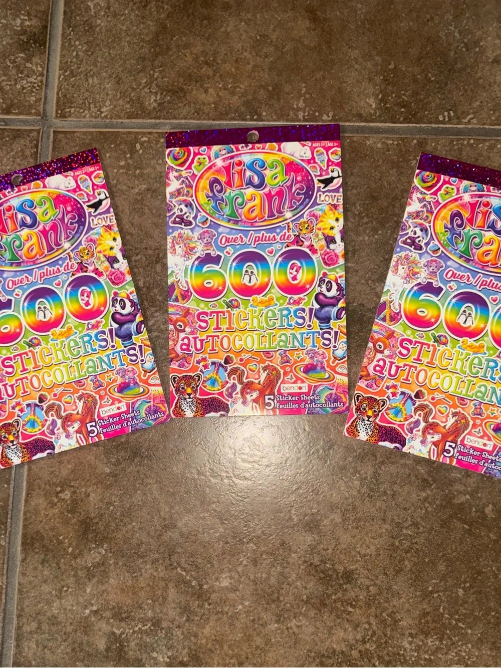 Lot of 3 Lisa Frank Bright Rainbow Sticker Pack - Pink, Purple, Blue